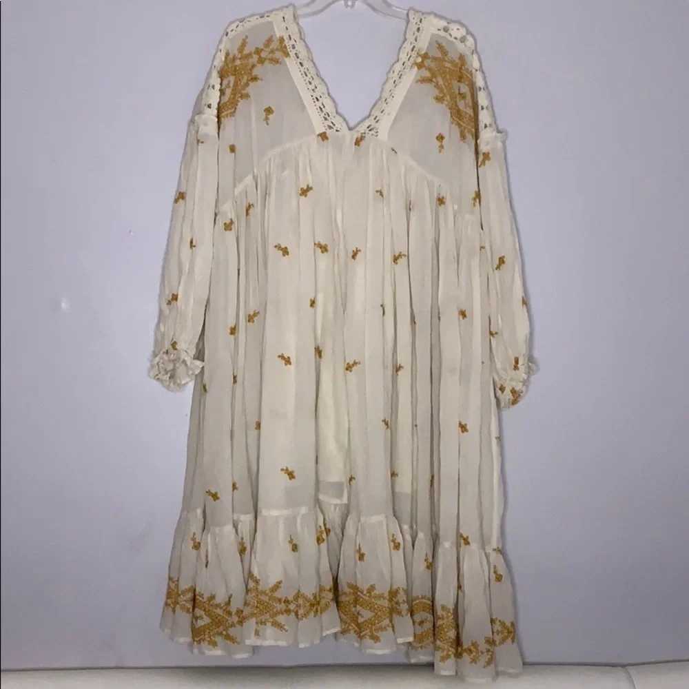 Free people oversized embroidered mp a line midi swing dress xs/s mustard ivory